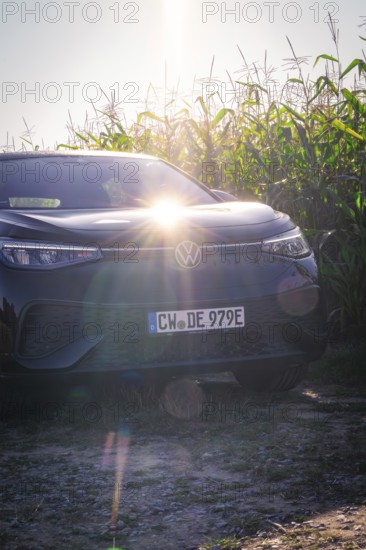 Black car in front of a corn field with low sun in a rural area, VW ID5 electric car, deer e-car sharing, Calw, Germany