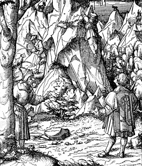 Chamois hunting in the Alps at the time of Emperor Maximilian I (1459-1519), hunting, chamois, habitat, high mountains, beaters with lances, dog, trees, bushes, rocks, historical illustration 19th century