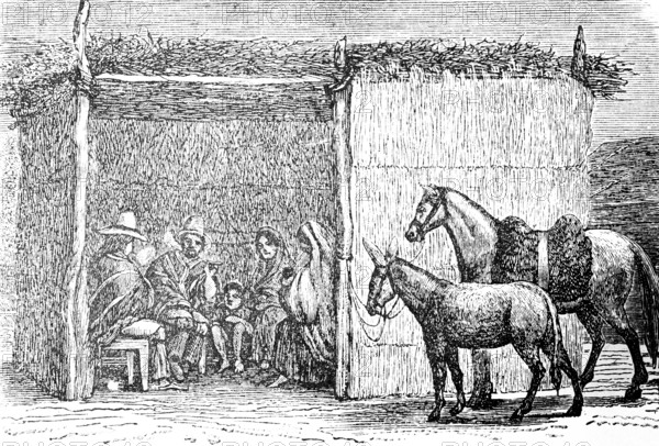 Group at Almrendal Ranch near Valparaiso, rural area, men, woman, child, indigenous people in local clothing, hat, poncho, wicker hut, waiting, horses tied, Chile, historical illustration 19th century