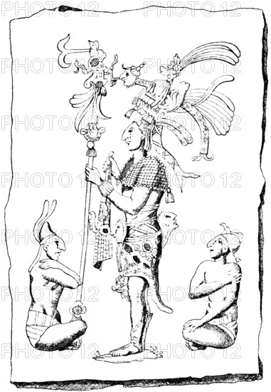 Folk types on an old Mexican relief, from the prehistoric Central American period, indigenous population, indigenous people, side view, staff with decoration, standing and sitting men, numerous and valuable jewelry, after Alexander von Humboldt, Mexico, historical illustration 19th century