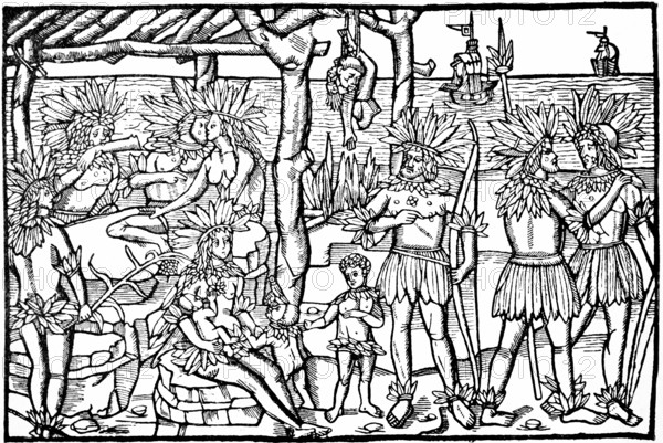 First depiction of the natives of the New World, sailors, ships, sea route to India, landing on Caribbean islands, group of indigenous people, men, woman, children, baby breastfeeding, body parts, cruelty, nudity, headdress, Augsburg around 1500, Caribbean, Central America, historical illustration 19th century