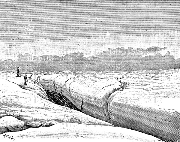 In the inland ice of Greenland, glacier flow, loneliness, vastness, people, Denmark, historical illustration 19th century