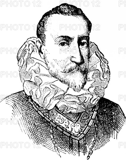 Portrait of Christopher Columbus or Cristóbal Colón (1451, 1506), discoverer of America in 1492, Italian navigator, born in Genoa, in service for Castile, Spain, serious look, goatee, ruff, necklace, historical illustration 19th century