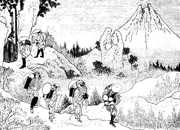 Japanese load carriers on a path in the mountains, stratovolcano, rocks, narrow path, arduous work, walking stick, sunhat, group, Japan, historical illustration 19th century