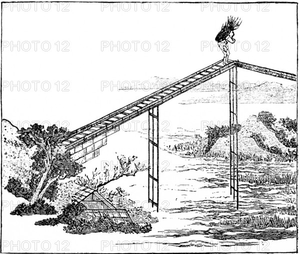 Japanese bridge, wooden structure, river, crossing, load carrying, man, brushwood, shore, tree, hilly landscape, Japan, historical illustration 19th century