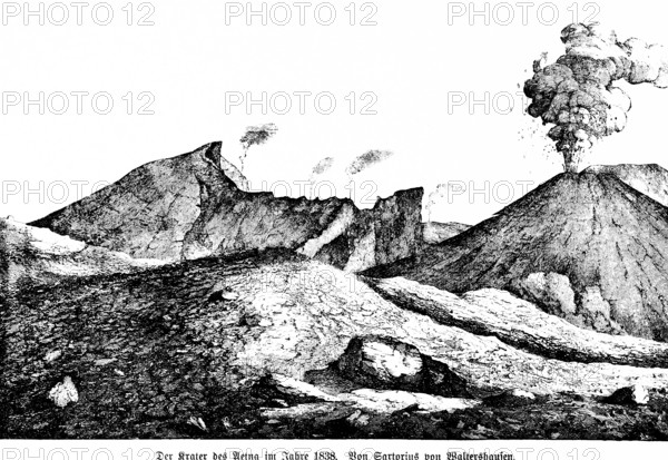 Etna Crater around 1804, stratovolcano, eruption, smoke, geology, mountain landscape, tectonics, tectonic fault zone, Sicily, Italy, historical illustration 19th century