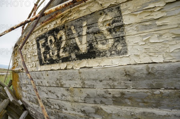 Close-up of weathered wooden planks of an old fishing boat, Vestre Jacobselv, Finnmark, Norway