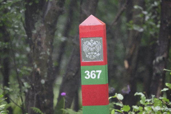 A colorful border post border marker on the Jacobselv river on the Russian side of the Norwegian-Russian border near Grense Jacobselv in the forest with the number 367 and a coat of arms symbol of the Russian Federation, Grense Jacobselv, Finnmark, Norway