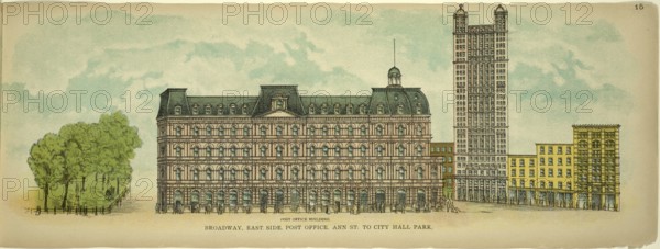Broadway, East Side, Post Office, Ann Street to City Hall Park, New York, Manhattan, America, USA, historic, authentic, digitally restored reproduction from an original from 1899, published by Mail & Express, exact date of presentation unknown