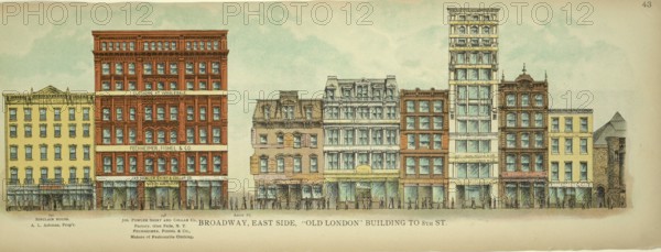 Broadway, East Side, Old London Building to 8th Street, New York, Manhattan, America, USA, historic, authentic, digitally restored reproduction from an original from 1899, published by Mail & Express, exact date of presentation unknown