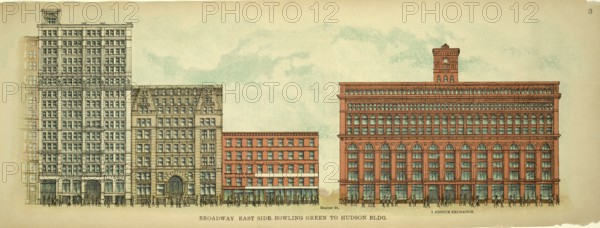 Broadway, East Side, Bowling green to Hudson Building, New York, Manhattan, America, USA, historic, authentic, digitally restored reproduction from an original from 1899, published by Mail & Express, exact date of presentation unknown