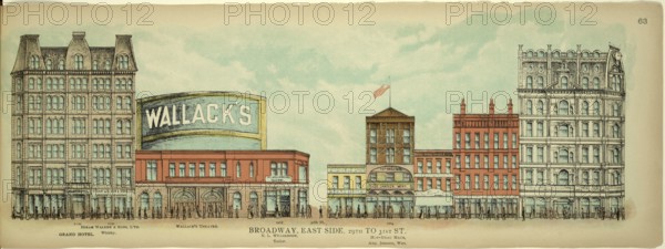 Broadway, East Side, 29th to 31sr Street, Wallack's Theatre and Hofbräuhaus, New York, Manhattan, America, USA, historical, authentic, digitally restored reproduction from an original from 1899, published by Mail & Express, exact date of presentation unknown
