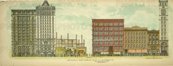 Broadway, West Side, Murray to Chambers Street, New York, Manhattan, America, USA, historical, authentic, digitally restored reproduction from an original from 1899, published by Mail & Express, exact date of presentation unknown