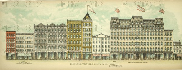 Broadway, West Side, Bleecker to Third Street, New York, Manhattan, America, USA, historical, authentic, digitally restored reproduction from an original from 1899, published by Mail & Express, exact date of presentation unknown