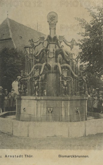 Bismarck Fountain in Arnstadt in Thuringia, Ilmkreis, Germany, postcard, view around 1900 - 1910, historical, digital reproduction of a historical postcard, authentic, public domain, from that time, exact date unknown