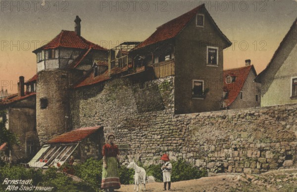 Old city wall in Arnstadt in Thuringia, Ilmkreis, Germany, postcard, view around 1900 - 1910, historical, digital reproduction of a historical postcard, authentic, public domain, from that time, exact date unknown