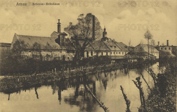 Castle, brewery in Arnau, town of Hostinne in Trutnov District in the Czech Republic, postcard, view around 1900 - 1910, historical, digital reproduction of a historical postcard, authentic, public domain, from that time, exact date unknown