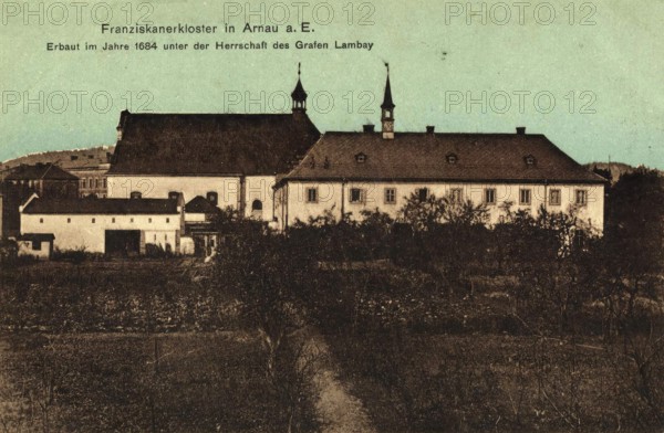 Franciscan monastery in Arnau a.E., built in 1684 under Count Lambay, building complex in the town of Hostinne in the Trutnov District in the Czech Republic, postcard, view around 1900 - 1910, historical, digital reproduction of a historical postcard, authentic, public domain, from that time, exact date unknown