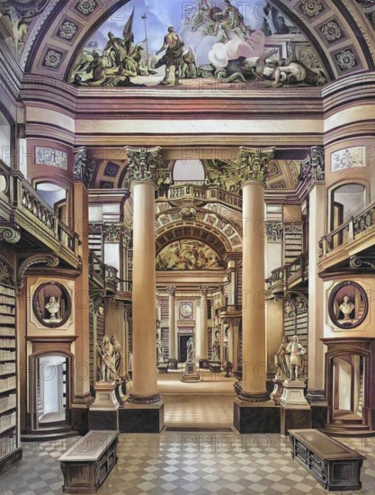 Austrian National Library (ONB), which was originally founded as the Imperial Court Library, 1883, Vienna, Austria, school picture, authentic reproduction of a school mural, historical, digitally restored reproduction from a 19th century original, exact date of depiction unknown