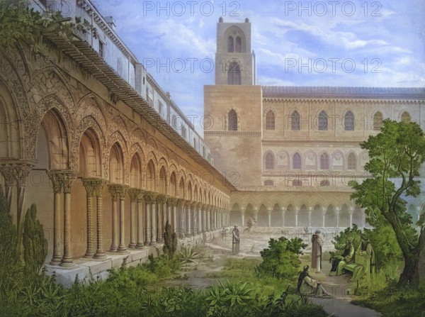 Benedictine monastery in Monreale, 1883, Sicily, Italy, school painting, authentic reproduction of a school mural, historical, digitally restored reproduction from a model from the 19th century, exact date of depiction unknown