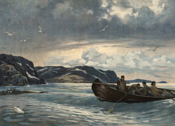 Rowing boat in the Barents Sea, Eastern Spitsbergen, 1912, Norway, school painting, authentic reproduction of a school mural, historical, digitally restored reproduction from a model from the 19th century, exact date of depiction unknown