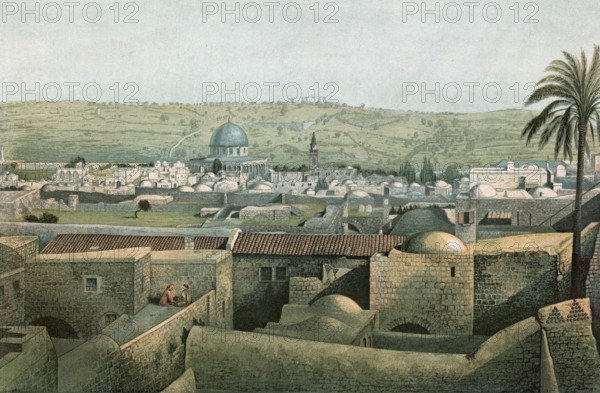 The Mount of Olives seen from Jerusalem, 1870, Israel, school painting, authentic reproduction of a school mural, historically, digitally restored reproduction from a model from the 19th century, exact date of depiction unknown
