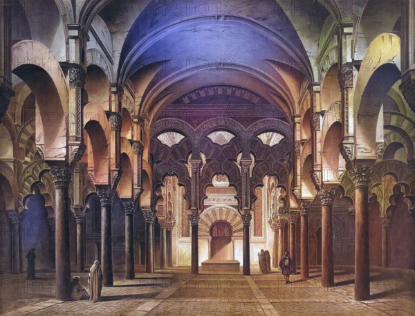 Mosque-Cathedral of Cordoba, Mezquita, historic church in Córdoba, 1883, Spain, school painting, authentic reproduction of a school mural, historical, digitally restored reproduction from a 19th century model, exact date of presentation unknown