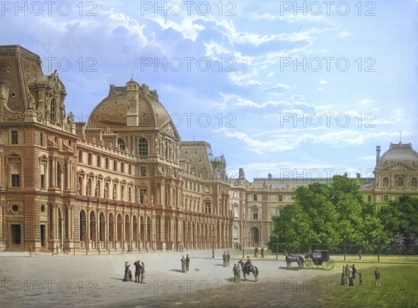 The Louvre in Paris in 1883, France, school painting, authentic reproduction of a school mural, historical, digitally restored reproduction from a model from the 19th century, exact date of depiction unknown