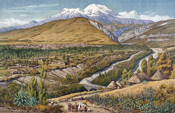 The highlands of Ecuador, cultural and volcanic landscape of Tierra Fria, cold country, in the Andes, 1911, school painting, authentic reproduction of a school mural, historical, digitally restored reproduction from a 19th century model, exact date of presentation unknown