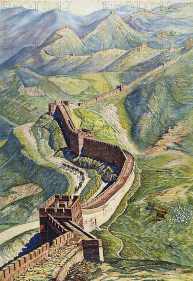 The Great Wall in China, 1930, China, school picture, authentic reproduction of a school mural, historical, digitally restored reproduction from a model from the 19th century, exact date of depiction unknown