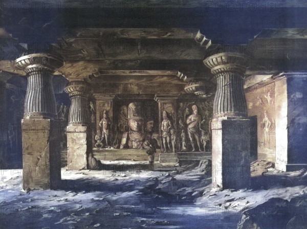 Elephanta Caves, are a group of cave temples on Elephanta Island near Mumbai, 1883, India, school painting, authentic reproduction of a school mural, historical, digitally restored reproduction from a 19th-century model, exact date of depiction unknown