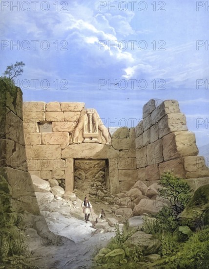 Lion's Gate in Mycenae, 1883, Greece, school painting, authentic reproduction of a school mural, historical, digitally restored reproduction from a model from the 19th century, exact date of depiction unknown