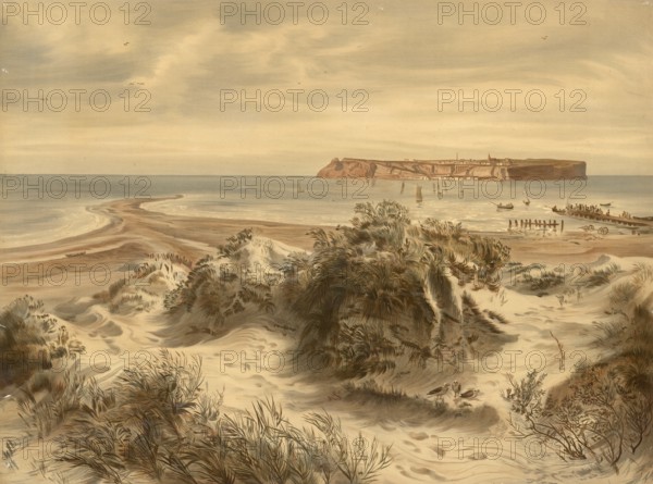 View across the dunes to Heligoland, 1890, North Sea, Germany, school painting, authentic reproduction of a school mural, historically, digitally restored reproduction from a model from the 19th century, exact date of depiction unknown