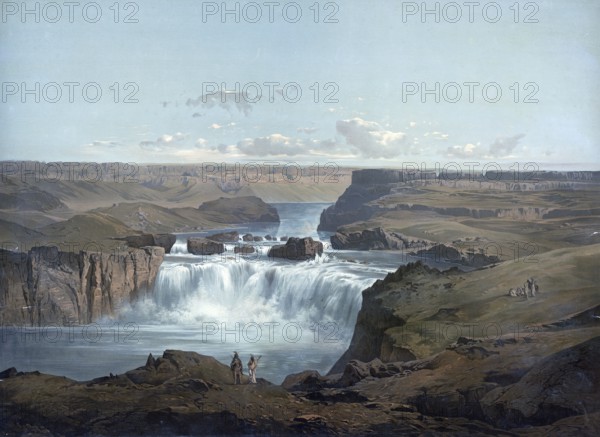 Landscape with canyons and Shoshonen waterfall, 1890, today Wyoming, America, school painting, authentic reproduction of a school mural, historical, digitally restored reproduction from a 19th century model, exact date of depiction unknown