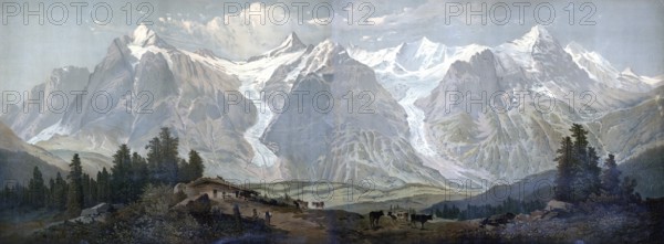 Alps in the Bernese Oberland, 1880, Switzerland, school picture, authentic reproduction of a school mural, historical, digitally restored reproduction from a model from the 19th century, exact date of depiction unknown