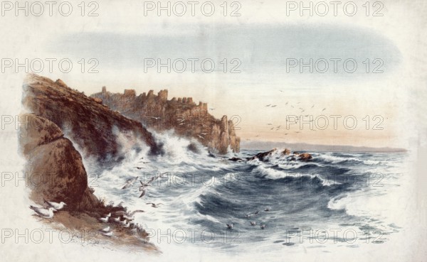 Lands end in Cornwall, 1907, England, school picture, authentic reproduction of a school mural, historical, digitally restored reproduction from a model from the 19th century, exact date of depiction unknown