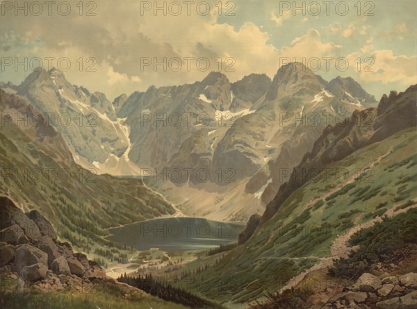 The Sea Eye, Morskie Oko, Fish Lake, in Poland is the largest and the fourth deepest mountain lake in the High Tatras, around 1890, school picture, authentic reproduction of a school mural, historical, digitally restored reproduction from a 19th century model, exact date of presentation unknown