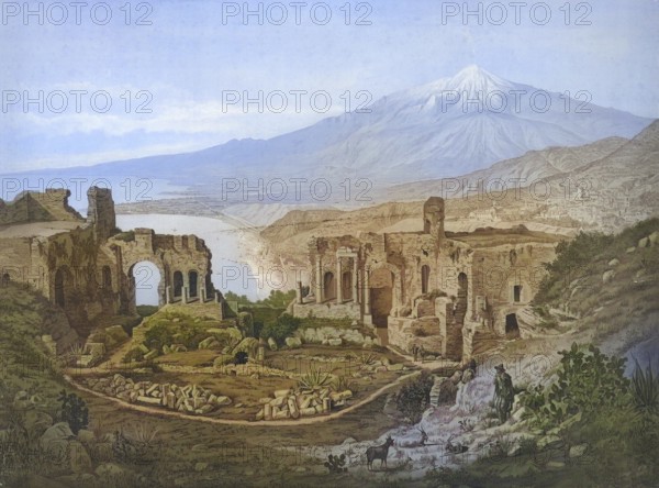 The Greek Theatre of Taormina with a view of Mount Etna, 1930, Sicily, Italy, school painting, authentic reproduction of a school mural, historical, digitally restored reproduction from a model from the 19th century, exact date of presentation unknown