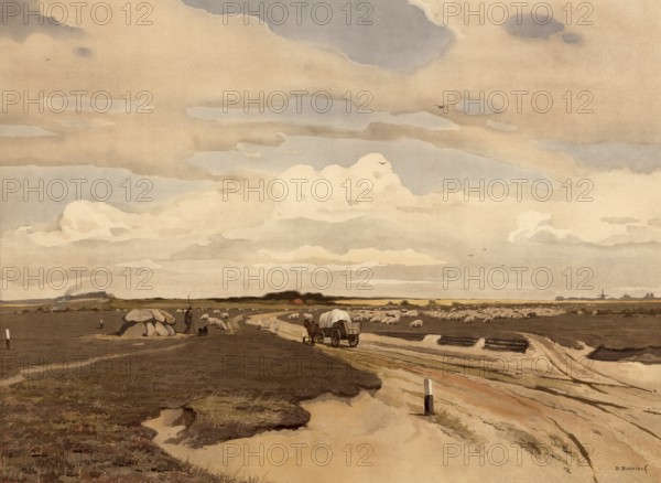 Heathland and flock of sheep, Tynaarlo, 1890, municipality in the Netherlands, province of Drenthe, school painting, authentic reproduction of a school wall painting, historical, digitally restored reproduction from a model from the 19th century, exact date of presentation unknown