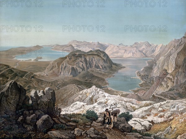 Bay of Kotor, 1910, Montenegro, school painting, authentic reproduction of a school mural, historical, digitally restored reproduction from a model from the 19th century, exact date of depiction unknown