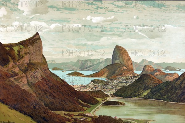 The Bay of Rio de Janeiro, 1911, Brazil, school painting, authentic reproduction of a school mural, historical, digitally restored reproduction from a model from the 19th century, exact date of depiction unknown