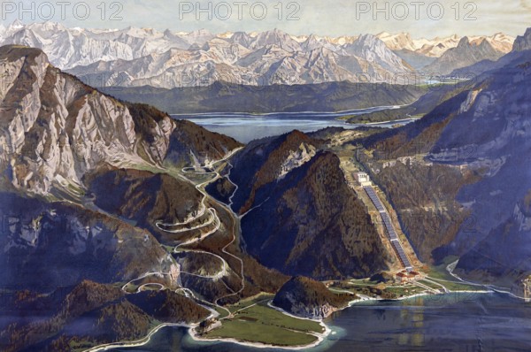 Walchensee power plant in the Bavarian Prealps, technical use of the slope, 1911, Walchesee, Lake Kochel, Bavaria, Germany, school painting, authentic reproduction of a school mural, historically, digitally restored reproduction from a 19th century model, exact date of presentation unknown