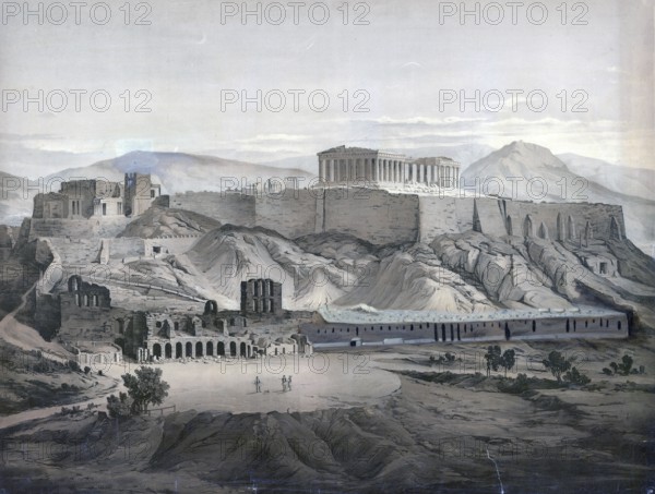 The Acropolis in Athens, south side, 1883, Greece, school painting, authentic reproduction of a school mural, historical, digitally restored reproduction from a model from the 19th century, exact date of depiction unknown