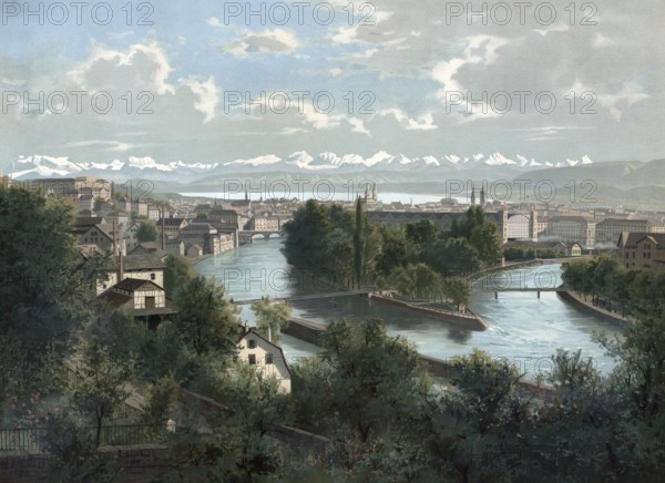 View of Zurich around 1900, Switzerland, authentic reproduction of a school mural, historical, exact date unknown