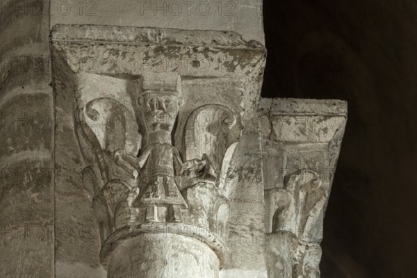 Capital of St Vincent's Abbey Church of Chantelle. Allier department. Auvergne Rhone Alpes. France