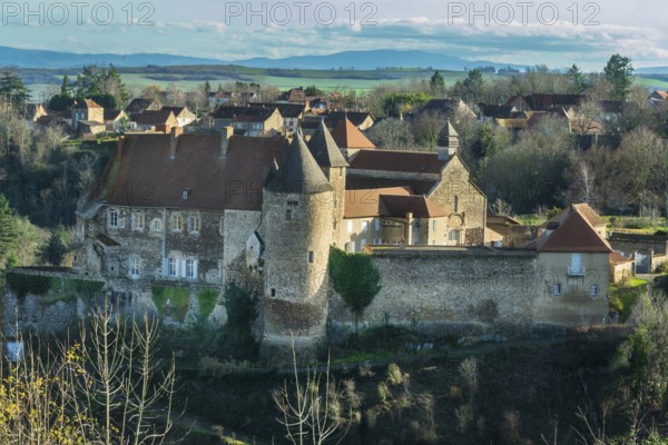 View of St Vincent's Abbey Church of Chantelle. Allier department. Auvergne Rhone Alpes. France