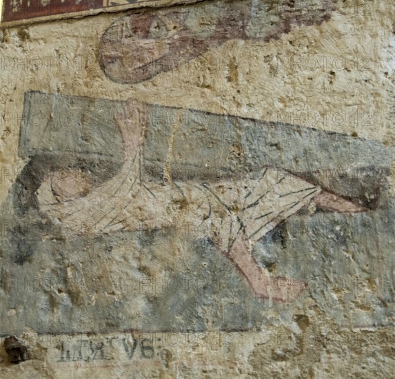 Mazerier village. Painted church St. Saturninus Church. The resurrection of Lazarus. Allier department, Auvergne Rhone Alpes, France
