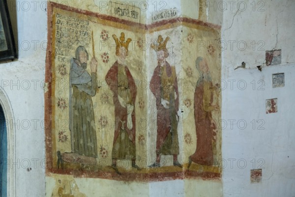 Mazerier village. Murals of painted church St. Saturninus Church. Adoration of the Magi. Allier department, Auvergne Rhone Alpes, France