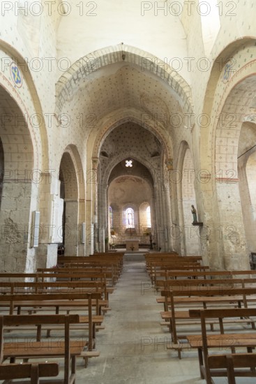 St Cyr and St Julitte's Church, roman church of Escurolles. Nave, Allier department, Auvergne Rhone Alpes, France
