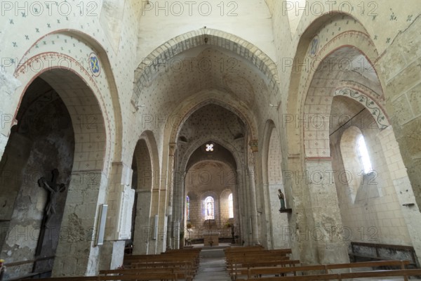 St Cyr and St Julitte's Church, roman church of Escurolles. Nave, Allier department, Auvergne Rhone Alpes, France